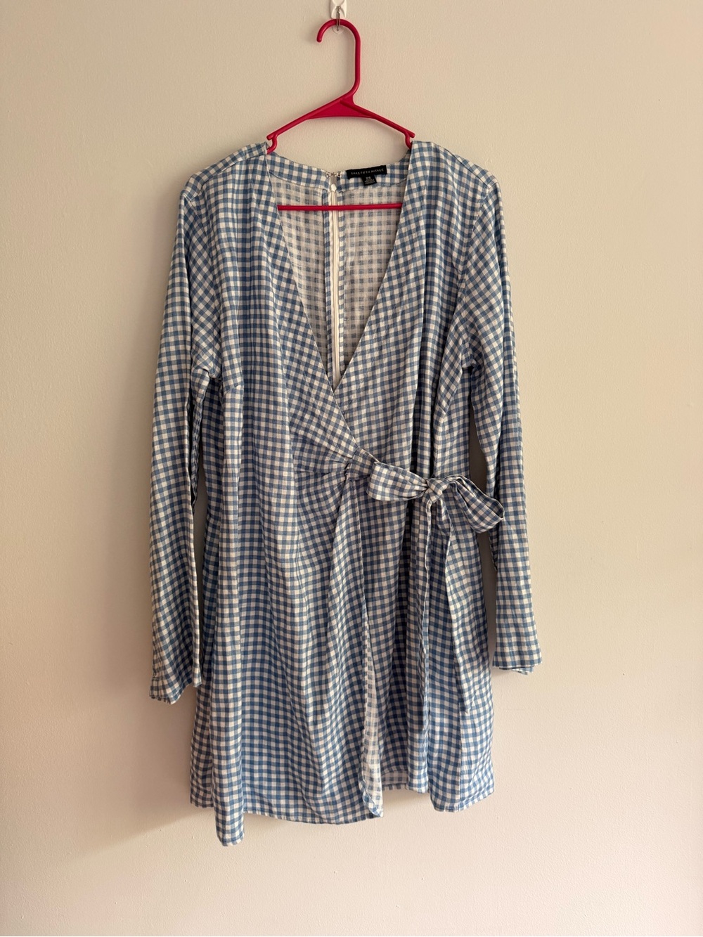 Saks Fifth Avenue Linen Blue Gingham Wrap Nautical Flowy Dress with Tie Waist